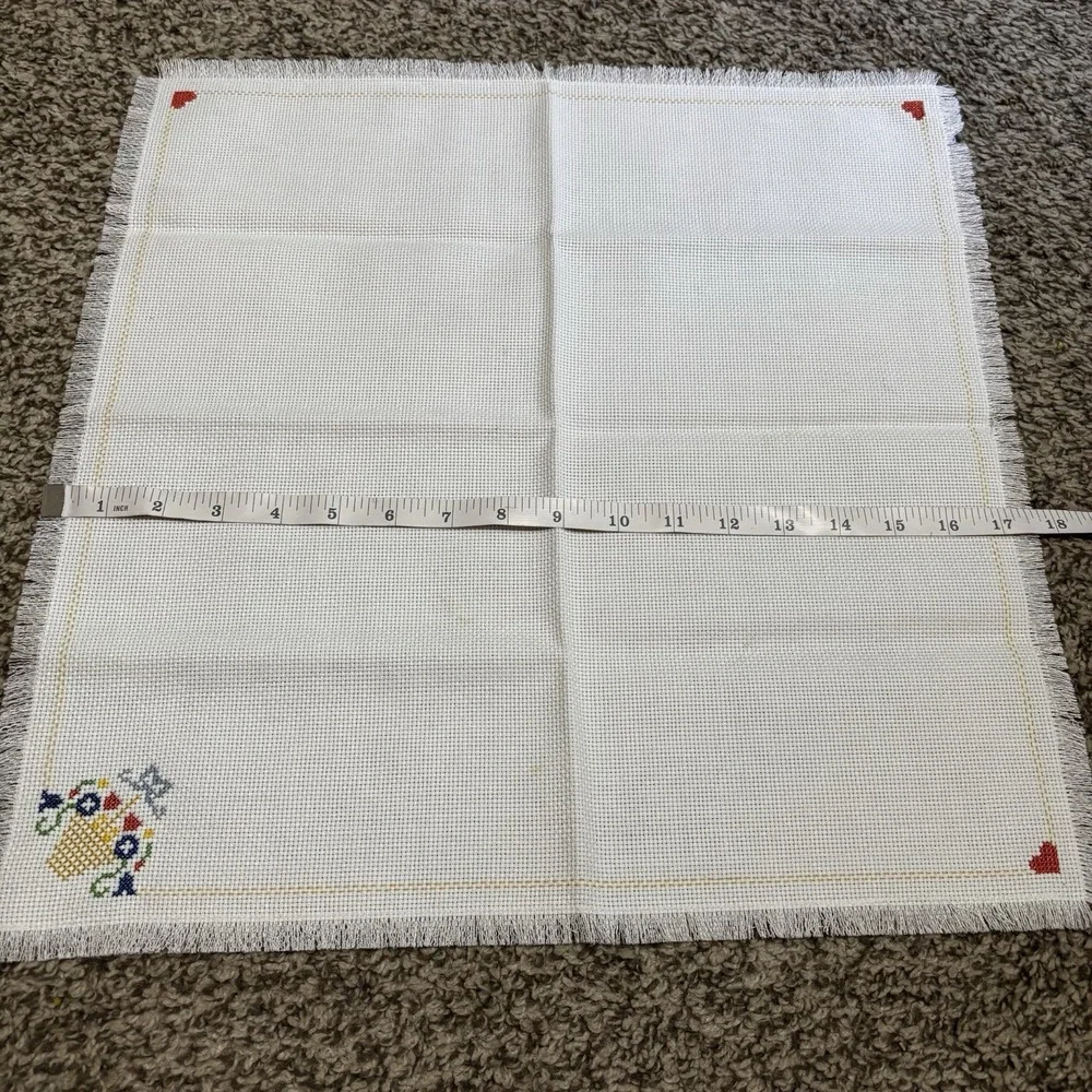 Vintage Cloth Country Hearts Placemat Or Dresser Cloth Hand Embroidered 17.5x18